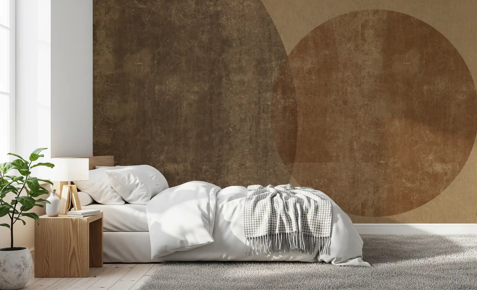 Earthy textured circles geometric wall mural in brown and grey GD10765