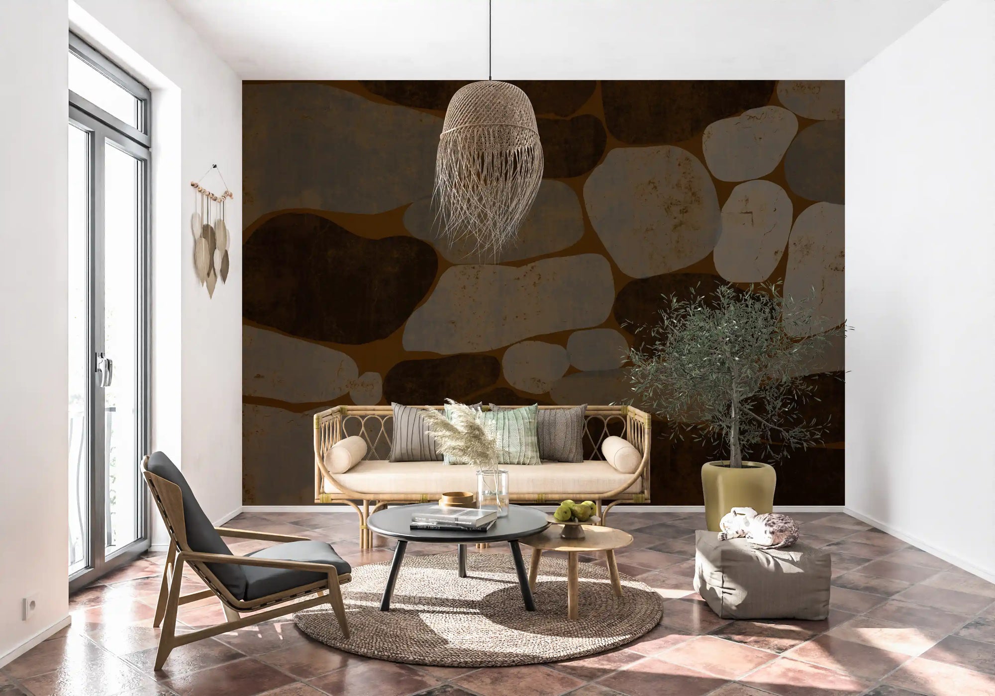 Textured cobblestone haven wall mural in grey and brown tones for hallway GD10770