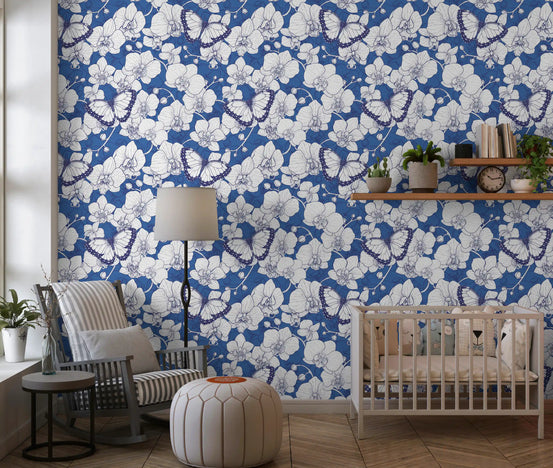 Botanical orchid garden with butterflies wallpaper in blue and white for nursery GD10771