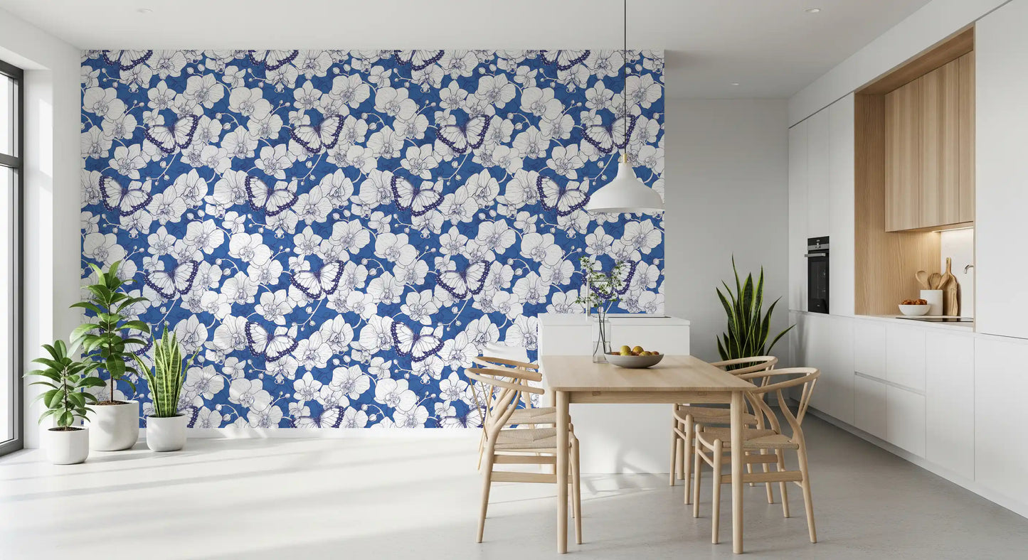 Botanical Orchid Garden with Butterflies Wallpaper⁠