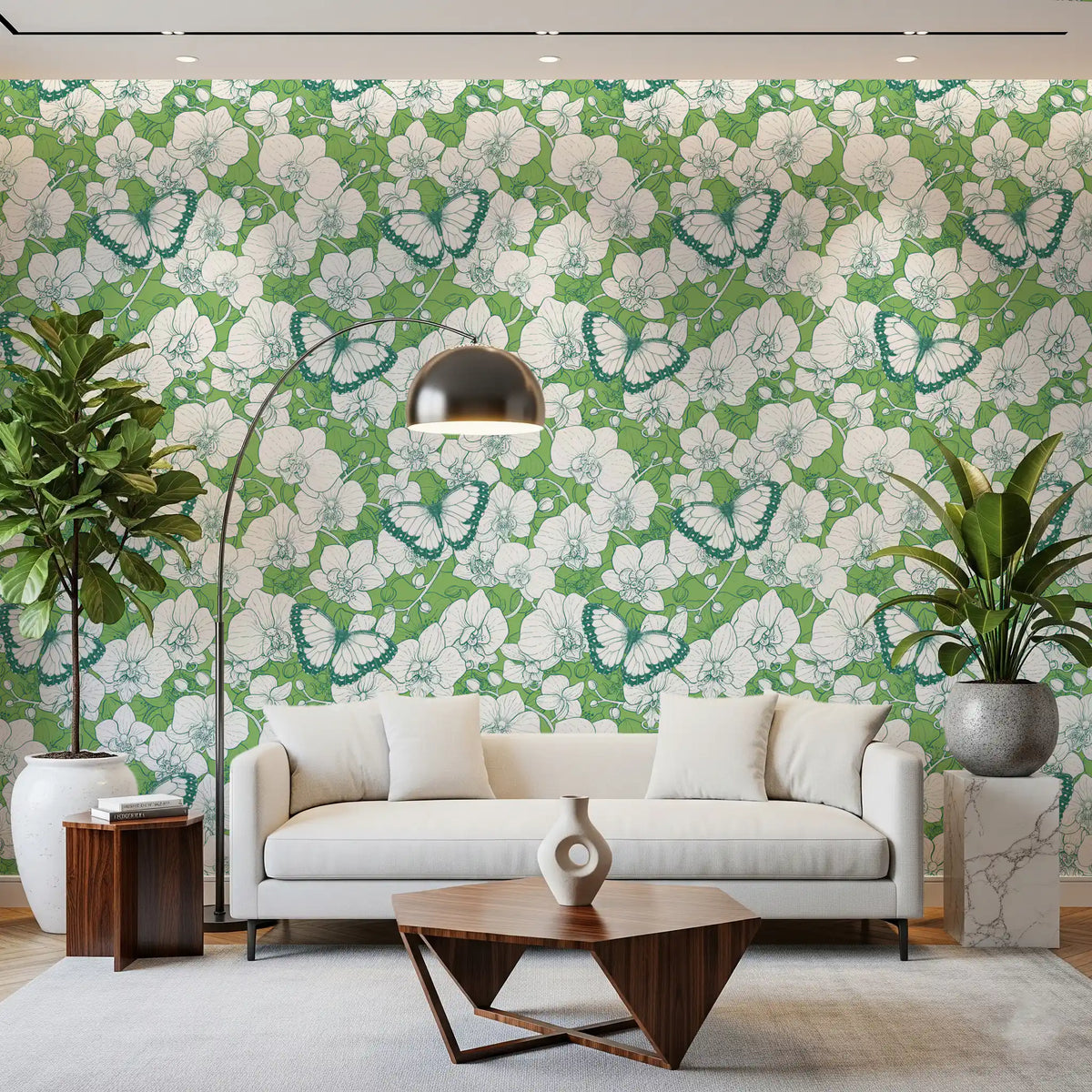 Botanical orchid garden with butterflies wallpaper in living room GD10772