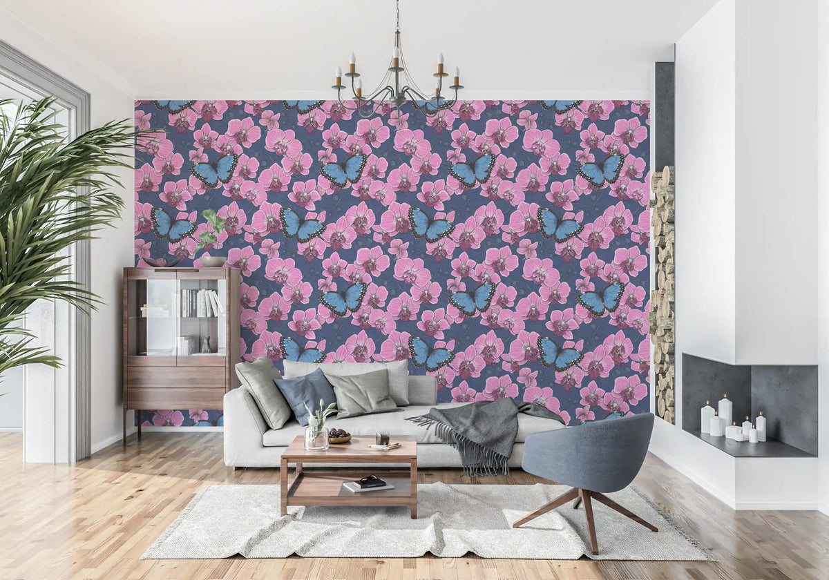 Pink orchid garden with blue butterflies botanical wallpaper in living room GD10773 