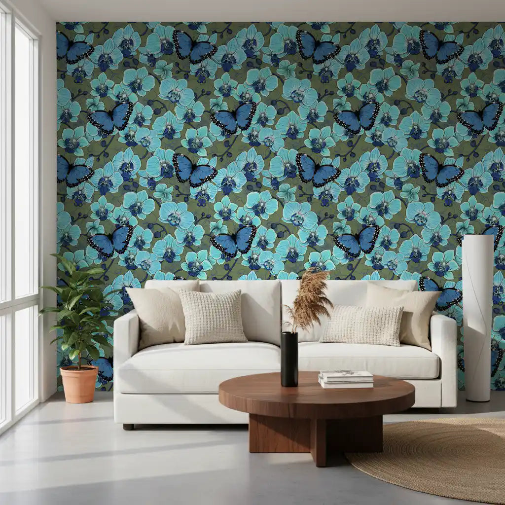 Botanical orchid garden with butterflies wallpaper in living room GD10774