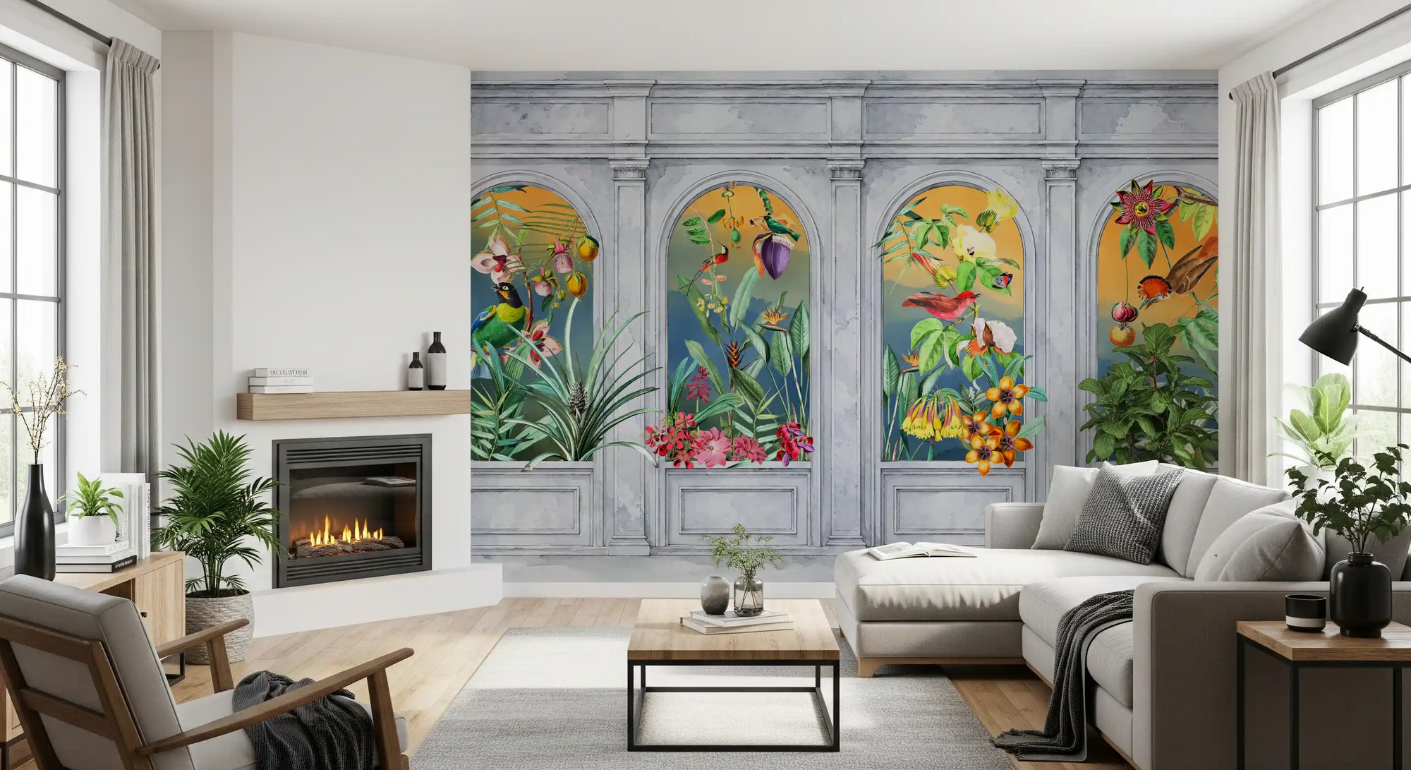 Vintage tropical colonnade wall mural with arched windows and exotic birds GD10775
