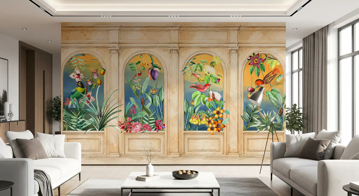 Vintage Archway Tropical Birds Mural Wall Mural