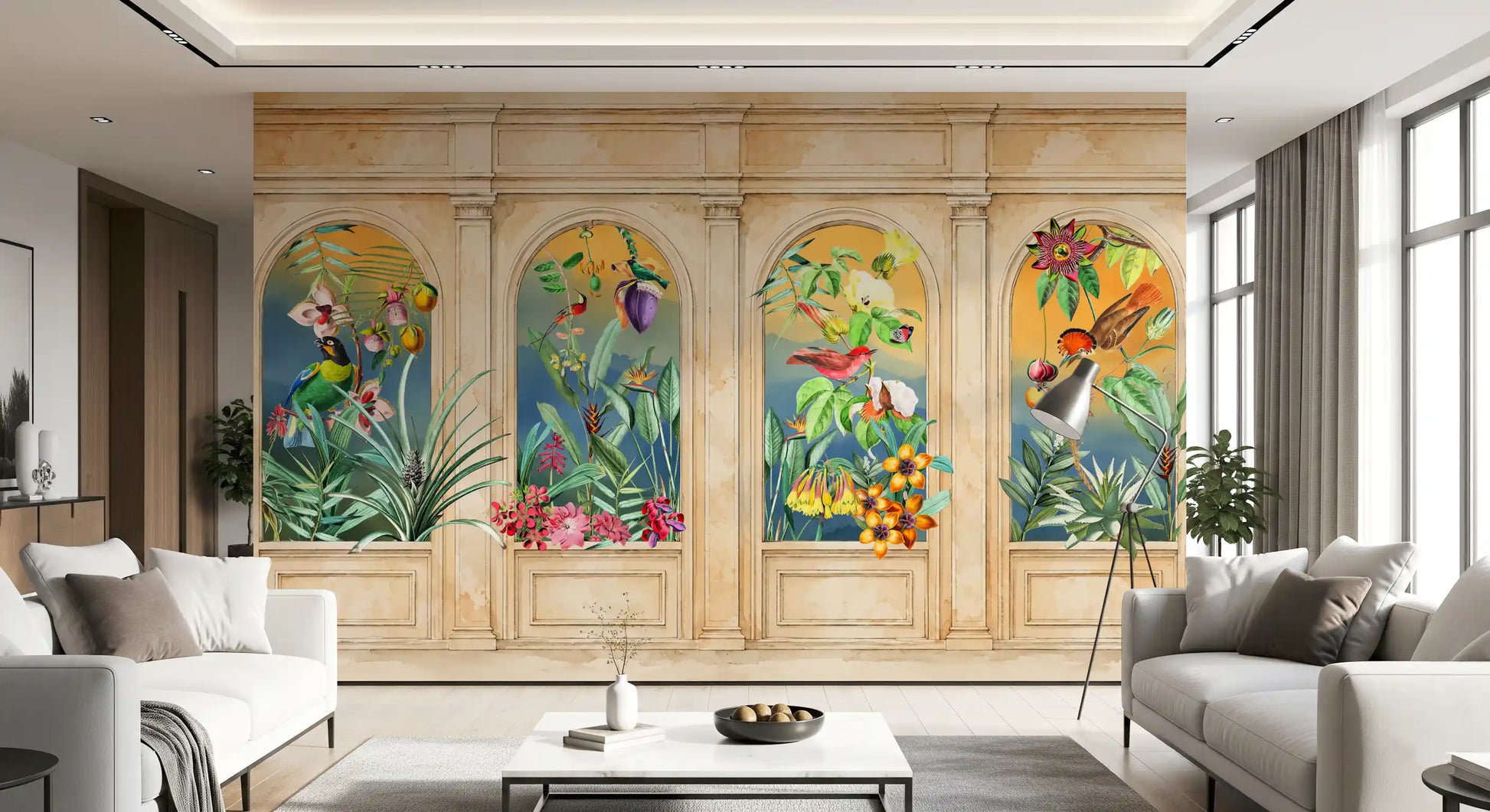 Vintage Archway Tropical Birds Mural Wall Mural