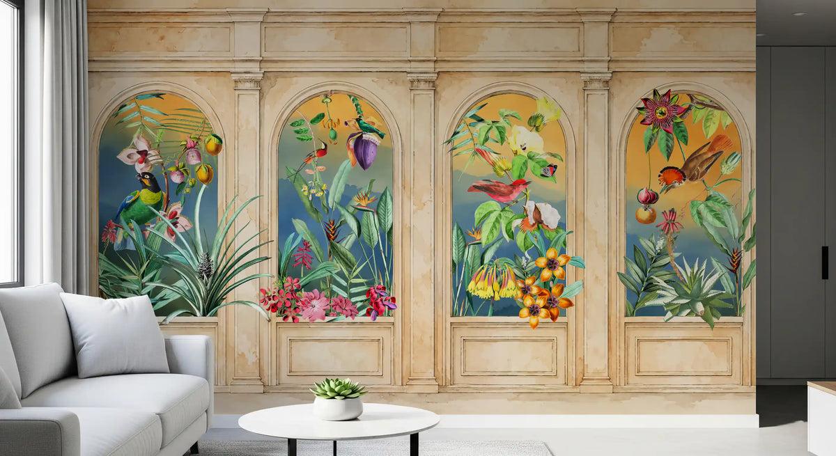 Vintage archway tropical birds wall mural with beige stone arches in living room GD10776 