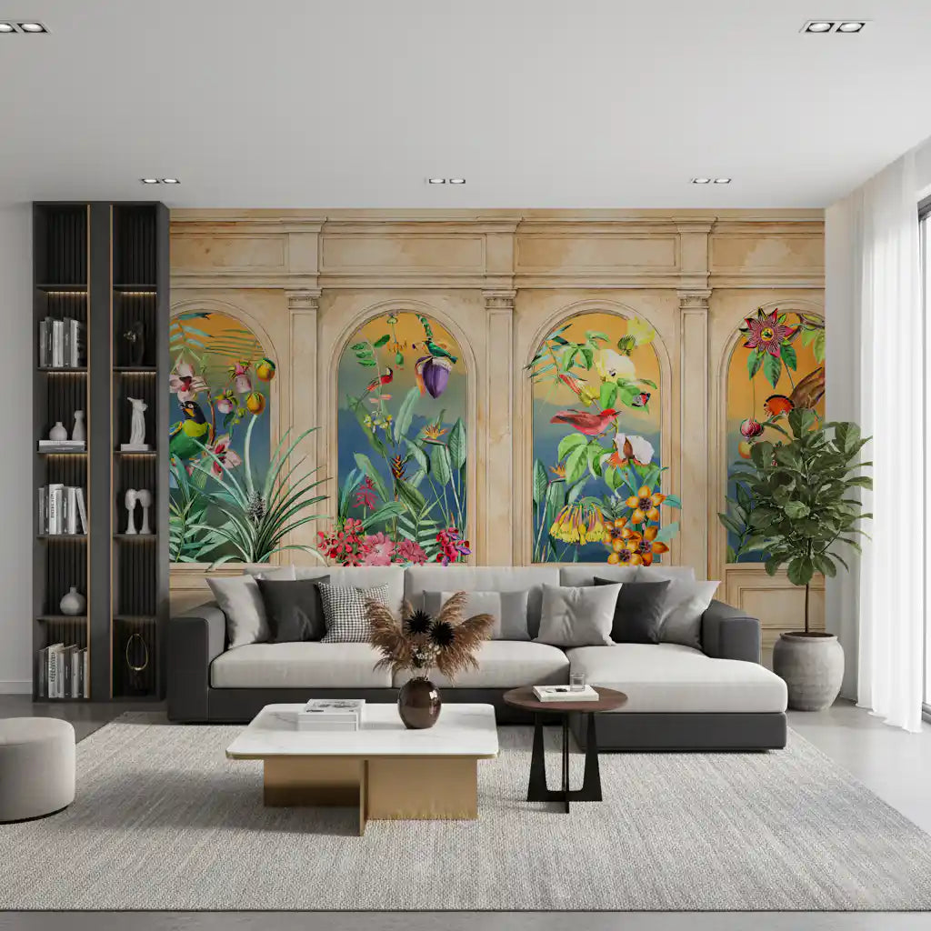 Vintage Archway Tropical Birds Mural Wall Mural