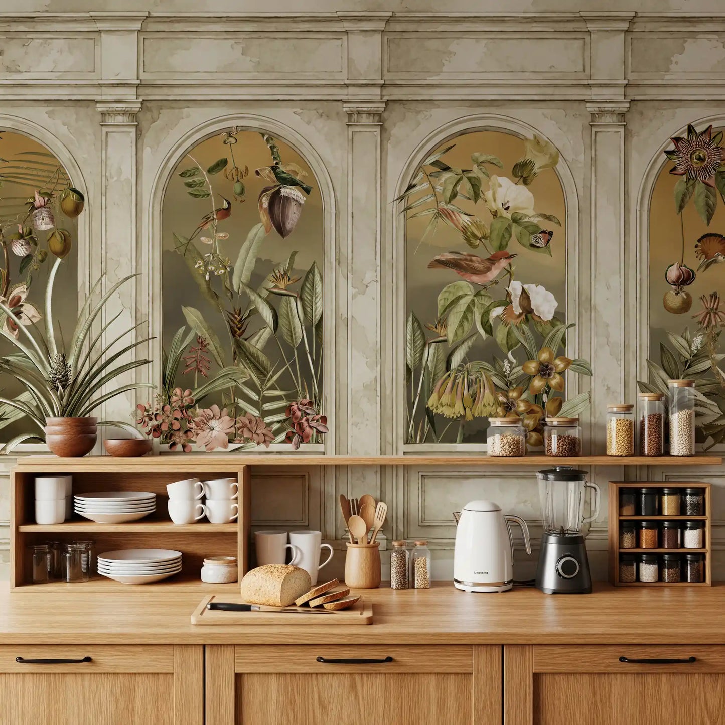 Classical Colonnade and Exotic Botanical Garden Wallpaper Wall Mural