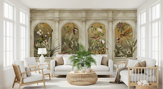 Classical colonnade and exotic botanical garden wall mural with ivory arches in living room GD10777