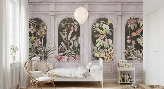 Vintage architectural botanical arches wall mural with pink stone in bedroom GD10778