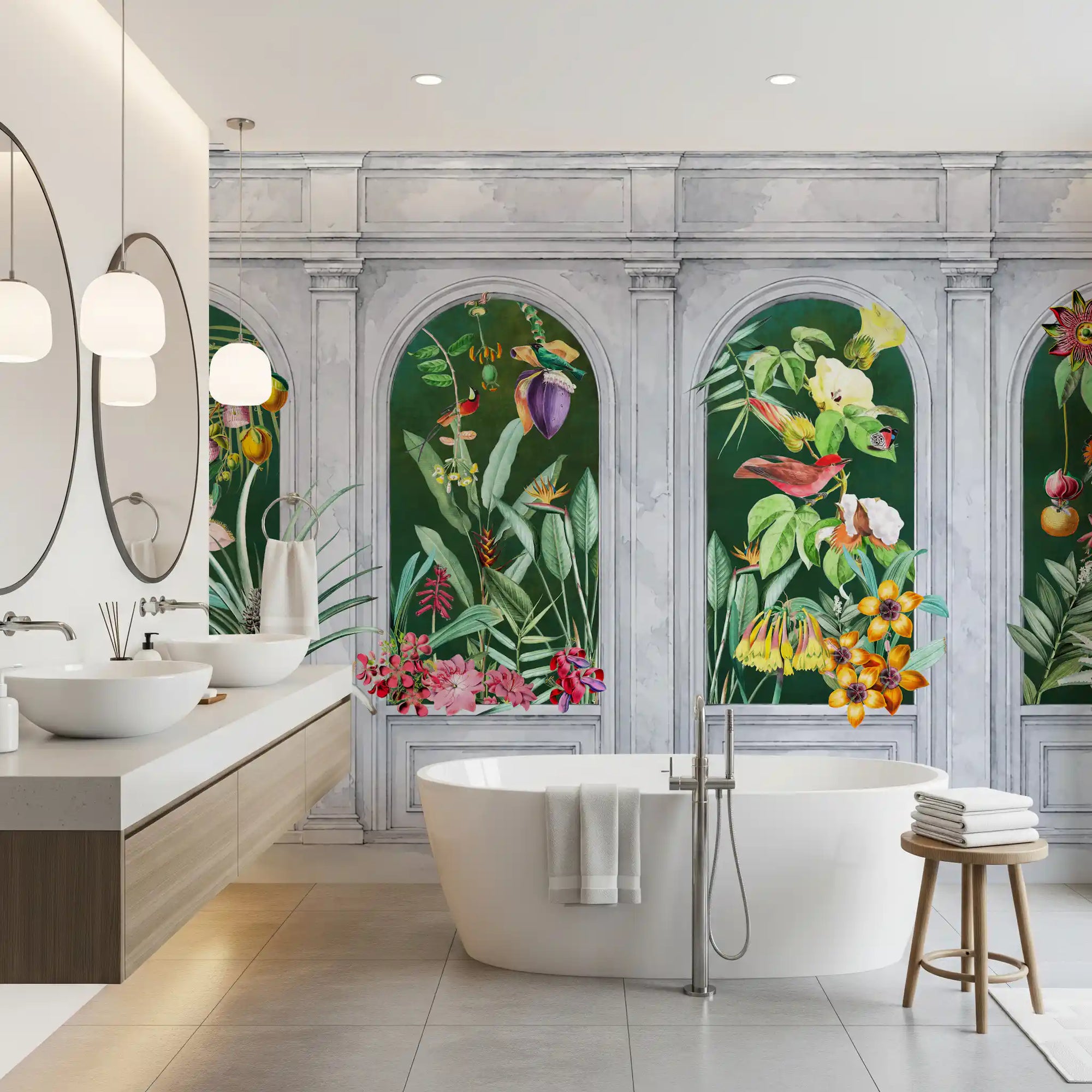 Tropical botanical wall mural with arched panels and emerald green backdrop in bathroom GD10780