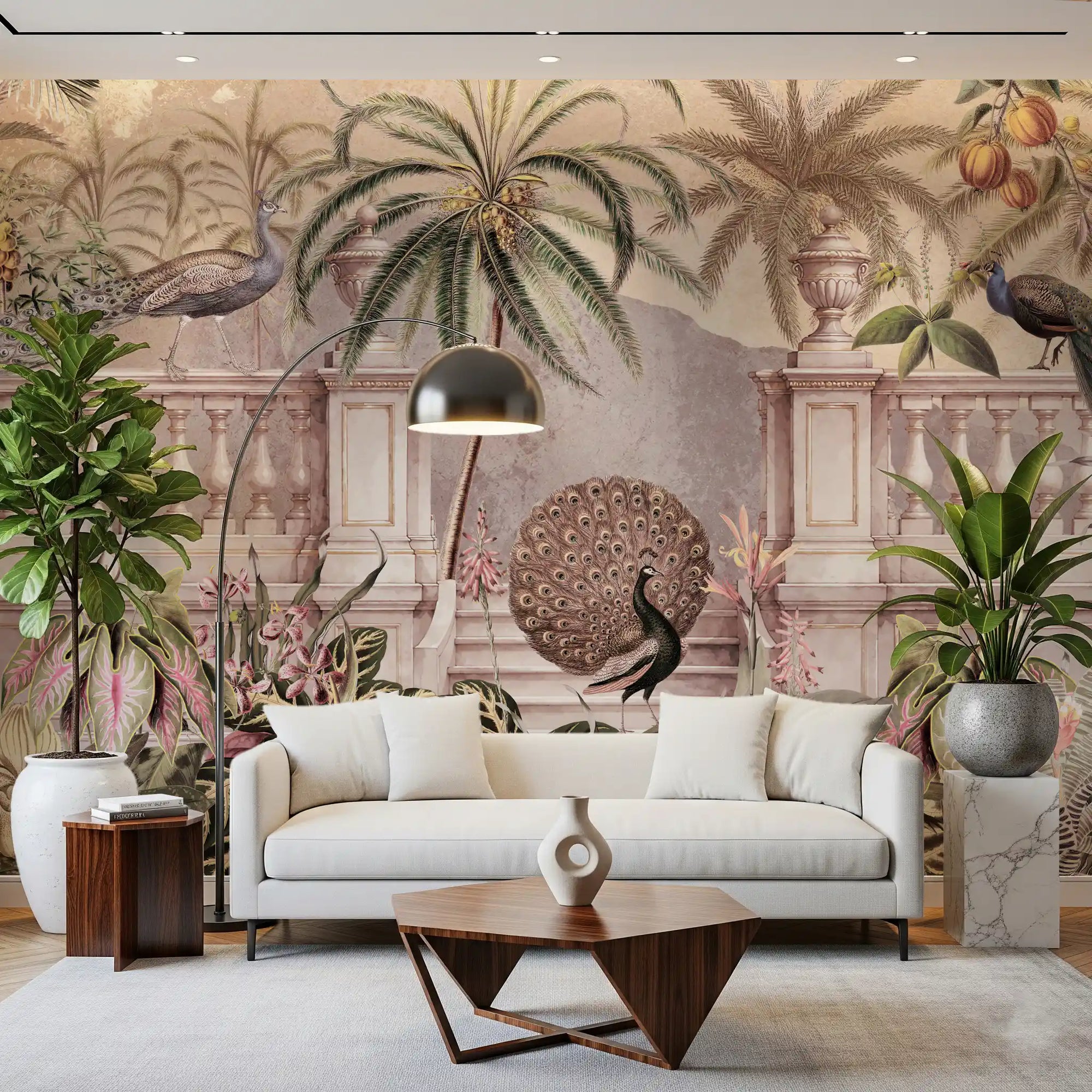 Royal peacock garden wall mural with classical balustrade and palm trees in living room GD10781 
