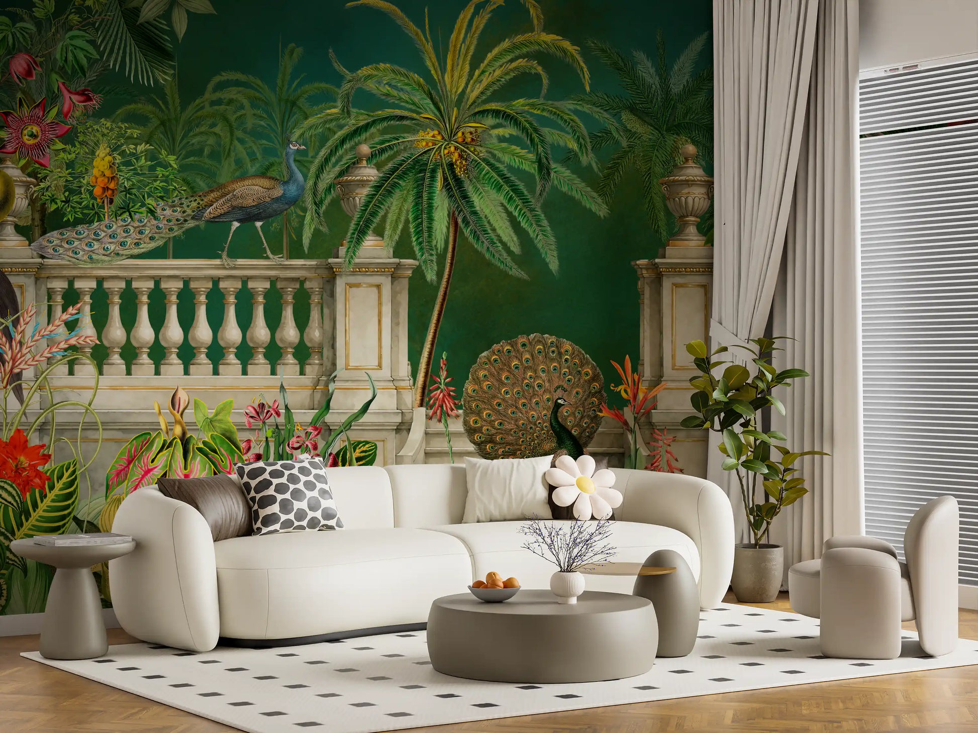 Majestic Peacock and Tropical Balustrade Wall Mural Wall Mural