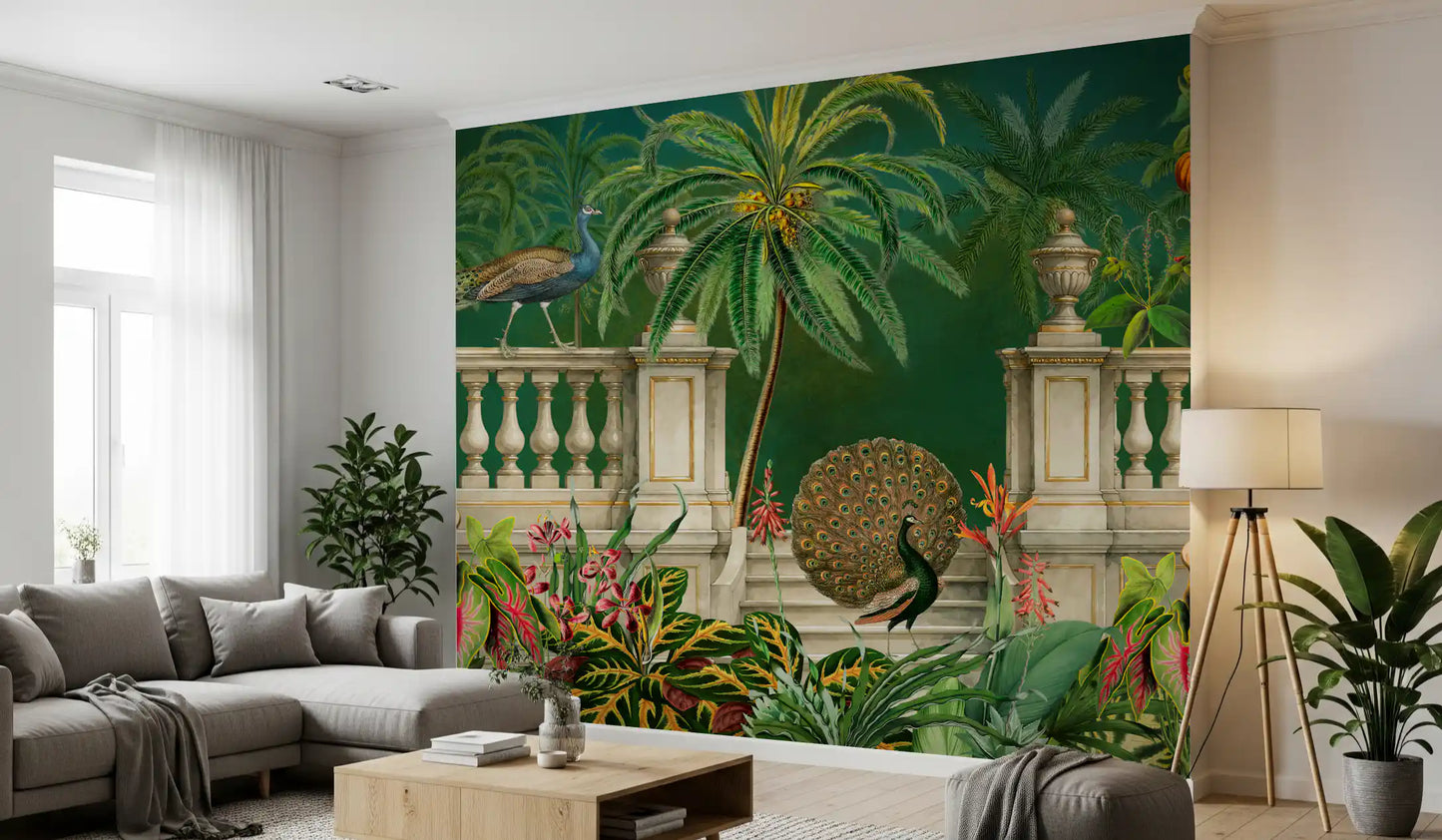 Majestic Peacock and Tropical Balustrade Wall Mural Wall Mural