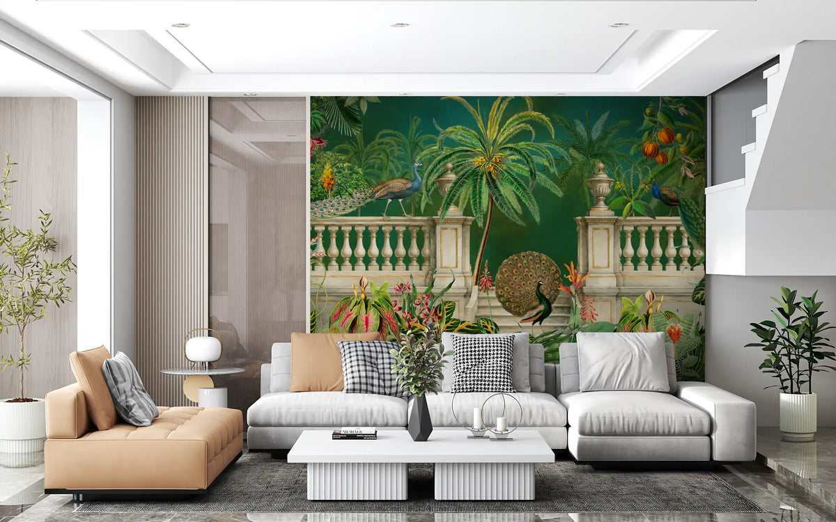 Majestic peacock and tropical balustrade wall mural in living room  GD10782
