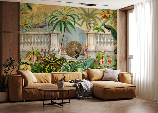 Vintage imperial golden garden wall mural with peacocks and balustrade in living room GD10783