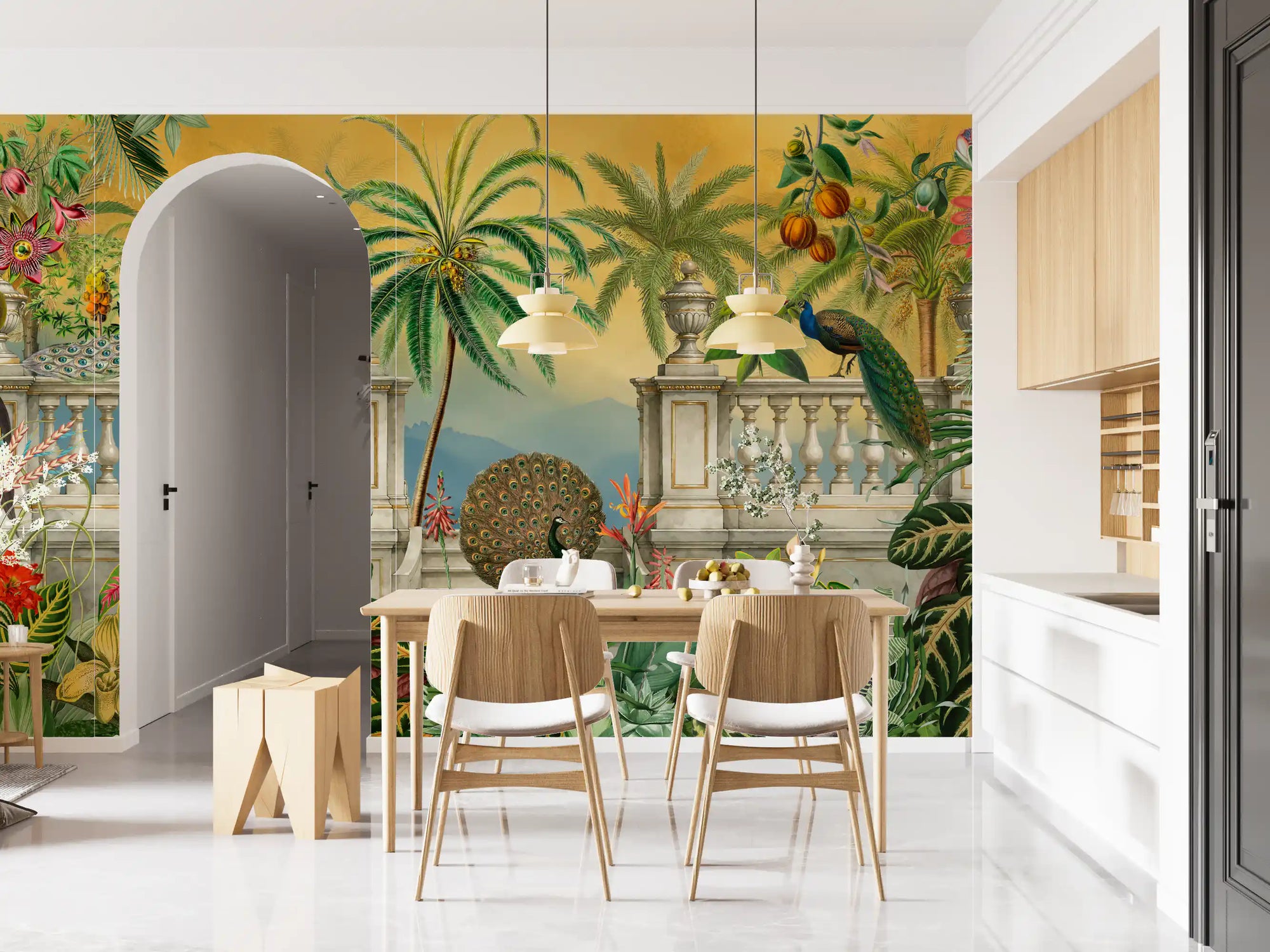 Peacock terrace tropical wall mural with palms and golden sky in dining room GD10786