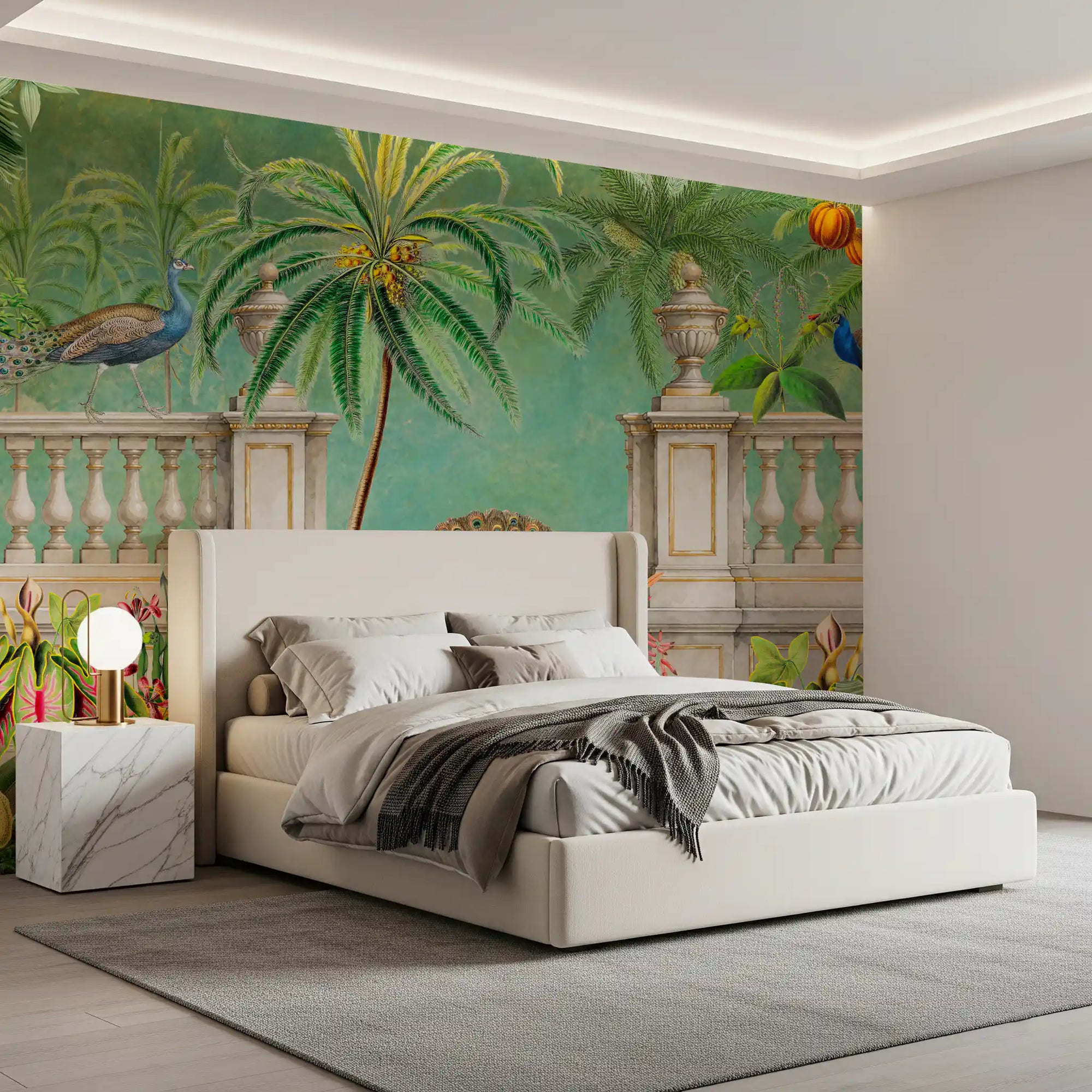 Vintage peacock palace tropical garden wall mural with palms in bedroom GD10787