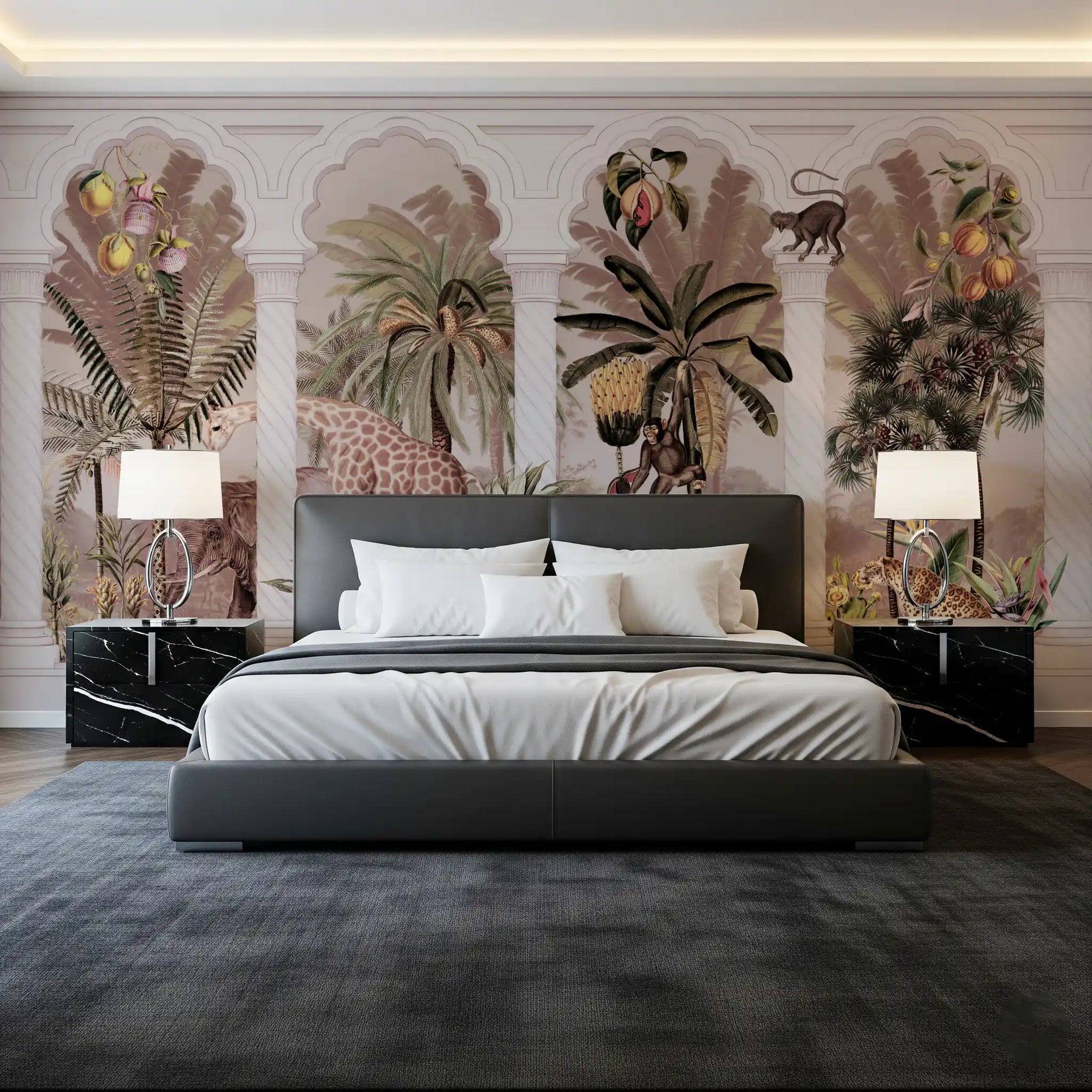 Mughal colonnade safari jungle wall mural with giraffes and palms in bedroom GD10787