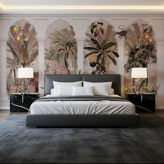 Mughal colonnade safari jungle wall mural with giraffes and palms in bedroom GD10787