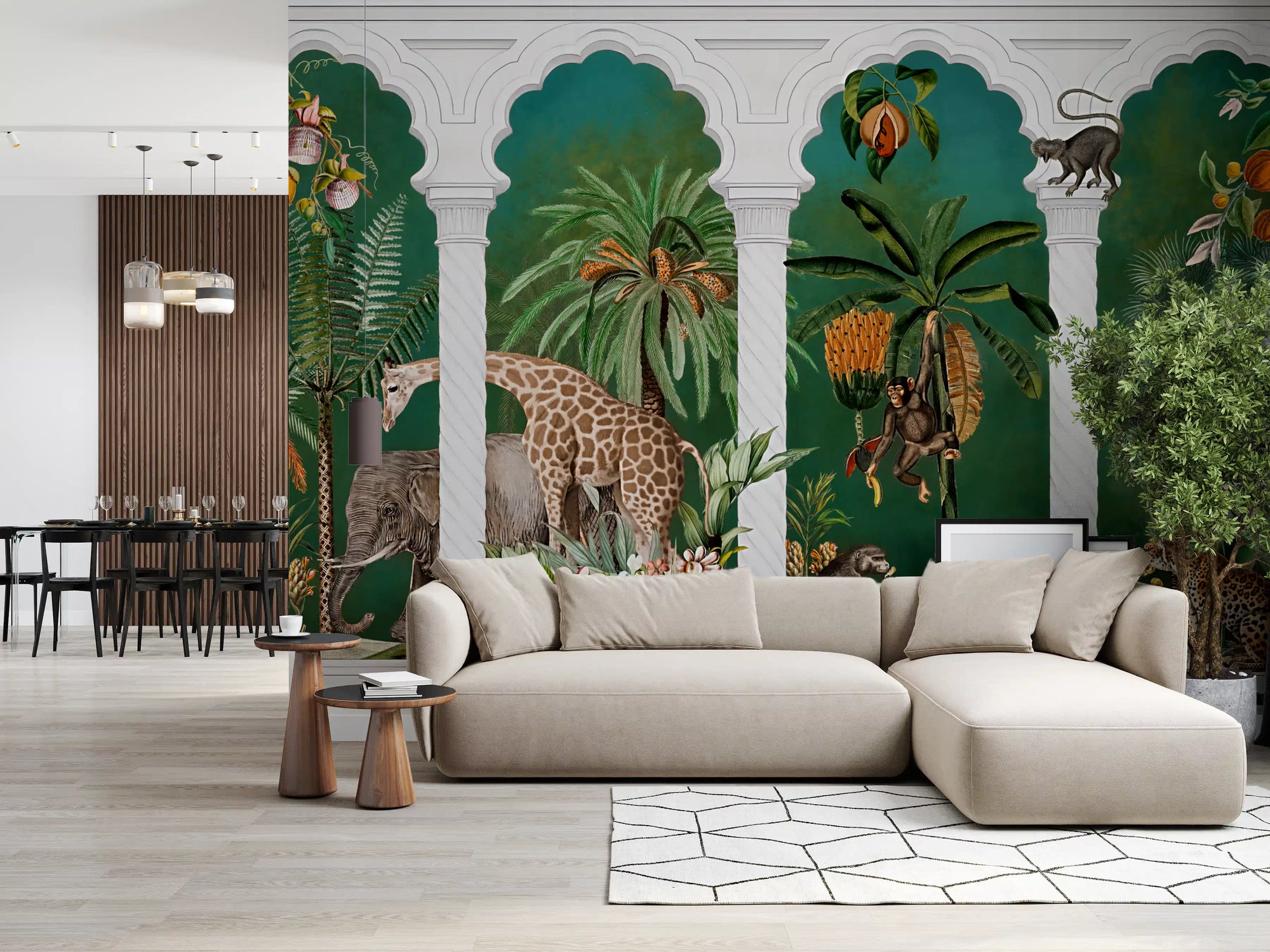 Mughal archway safari wall mural with giraffe and green arches GD1078