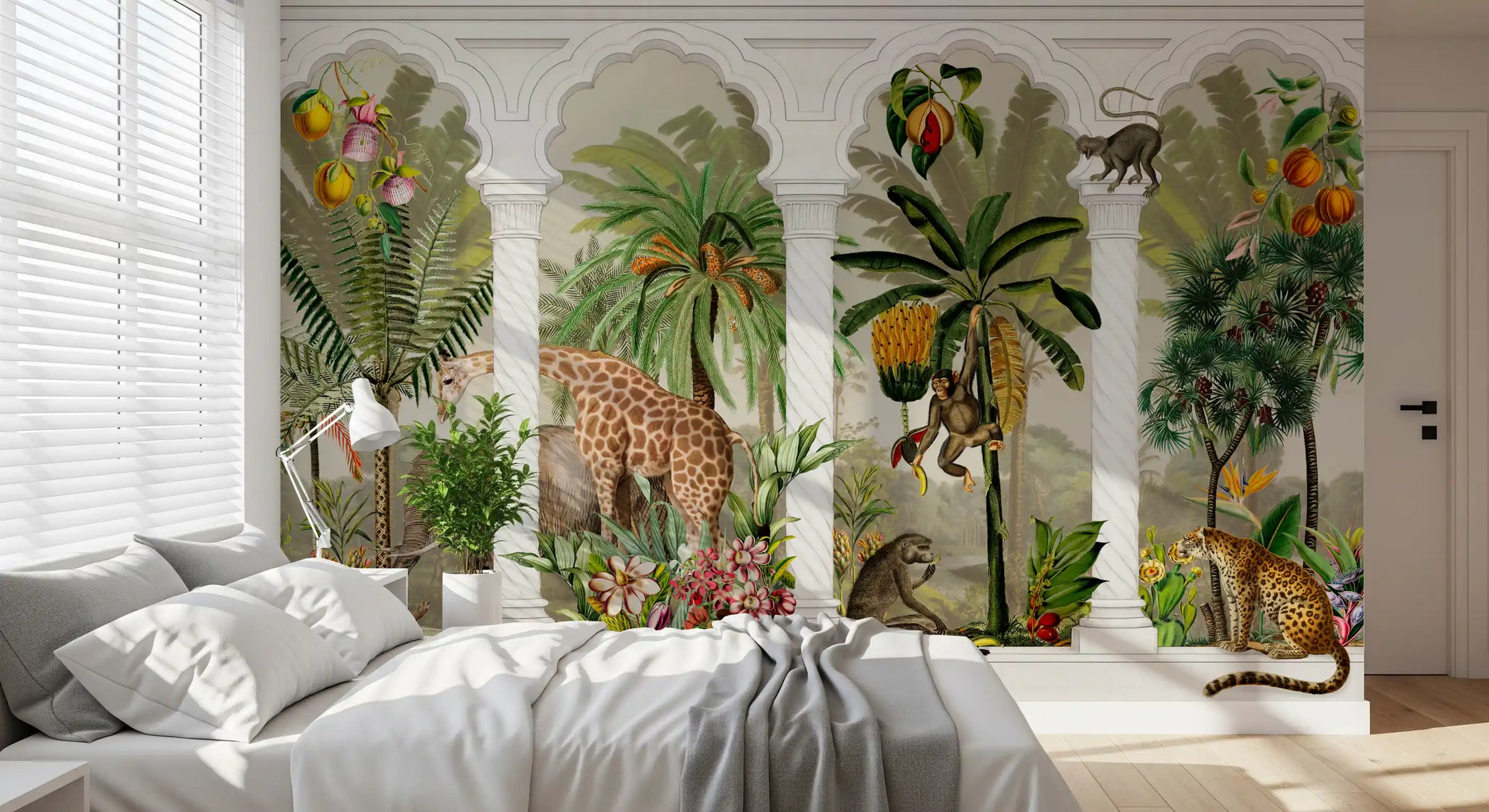 Vintage tropical safari wall mural with elephants and giraffes among palms in bedroom GD10792