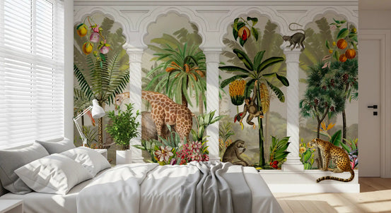 Vintage tropical safari wall mural with elephants and giraffes among palms in bedroom GD10792