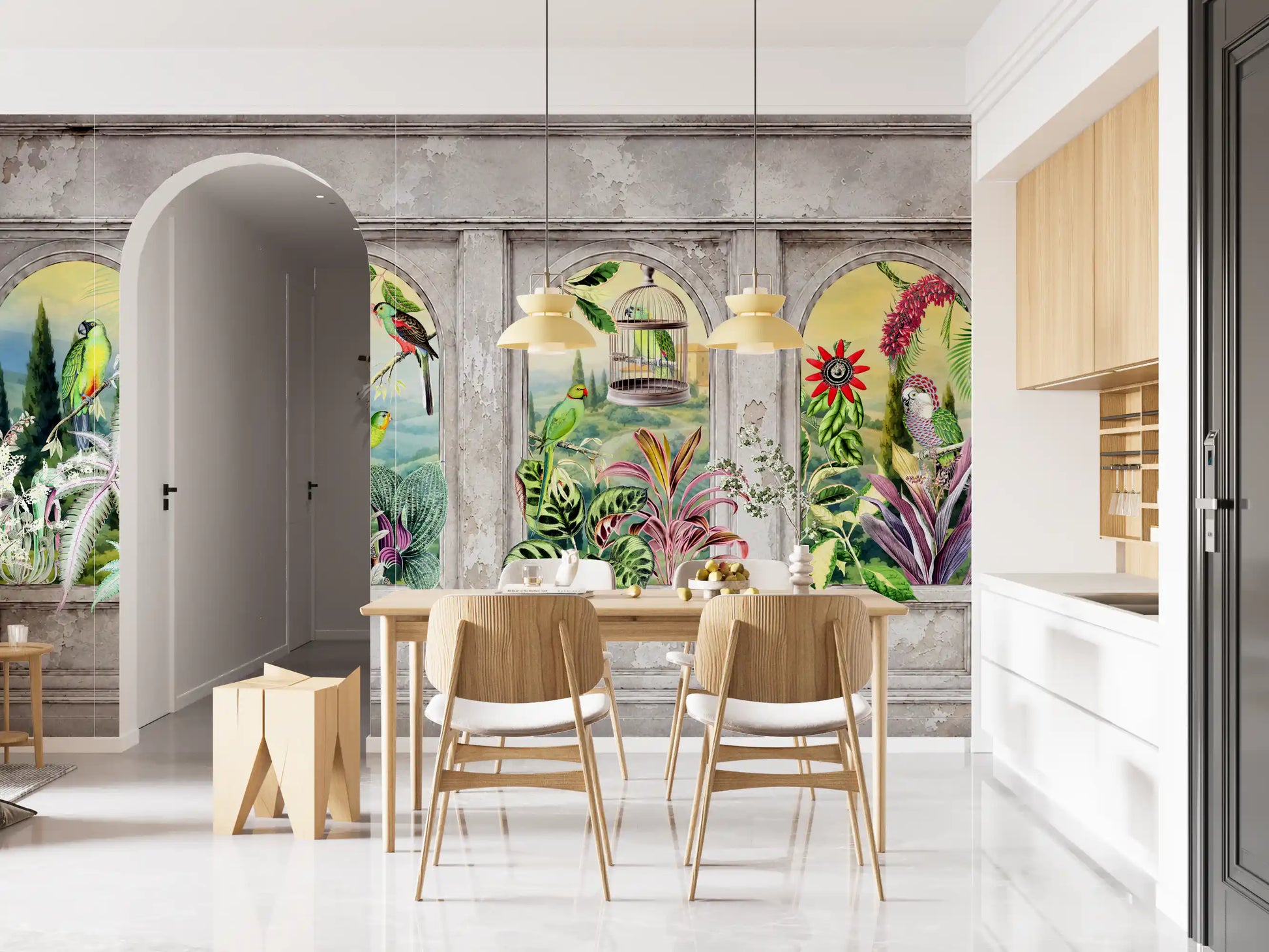 Vintage Archways and Tropical Birds Scenic Wallpaper Wall Mural