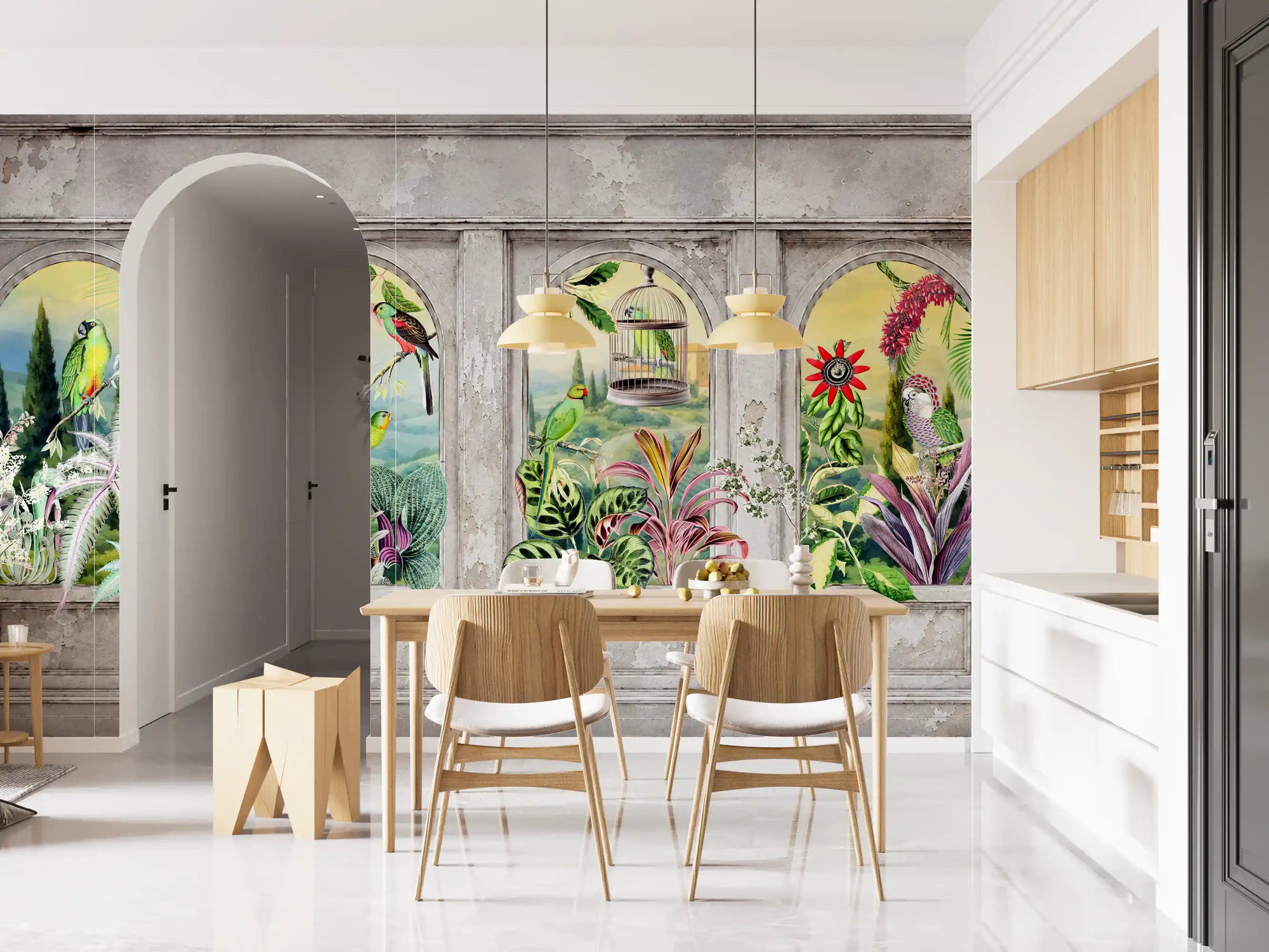 Tropical birds wall mural with parrots and botanical foliage in grey archways in dining room GD10793