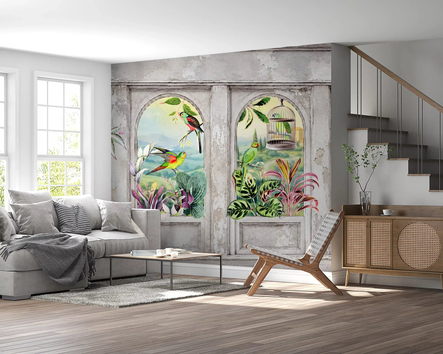 Vintage Archways and Tropical Birds Scenic Wallpaper Wall Mural