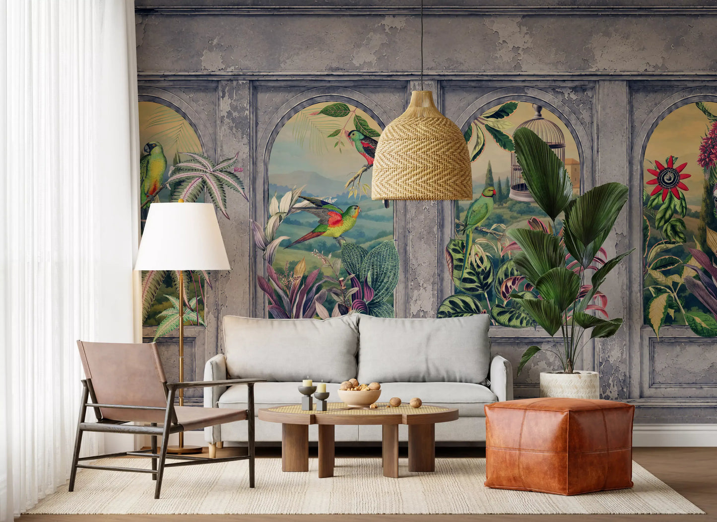 Vintage Archways and Tropical Birds Scenic Wallpaper 1 Wall Mural