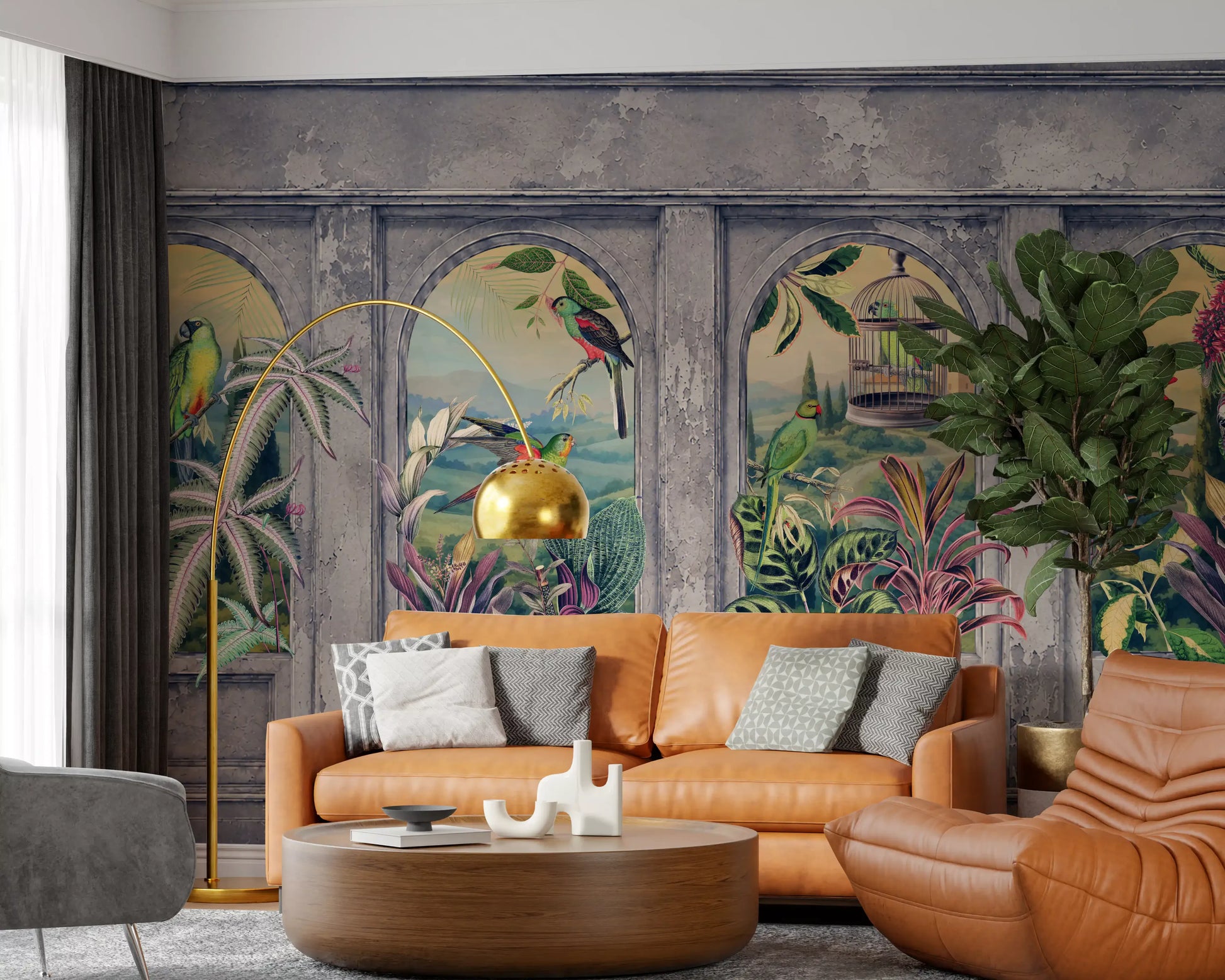Vintage Archways and Tropical Birds Scenic Wallpaper 1 Wall Mural