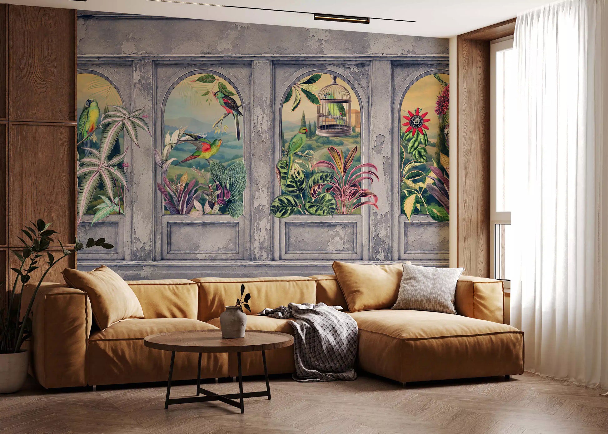 Vintage Archways and Tropical Birds Scenic Wallpaper 1 Wall Mural