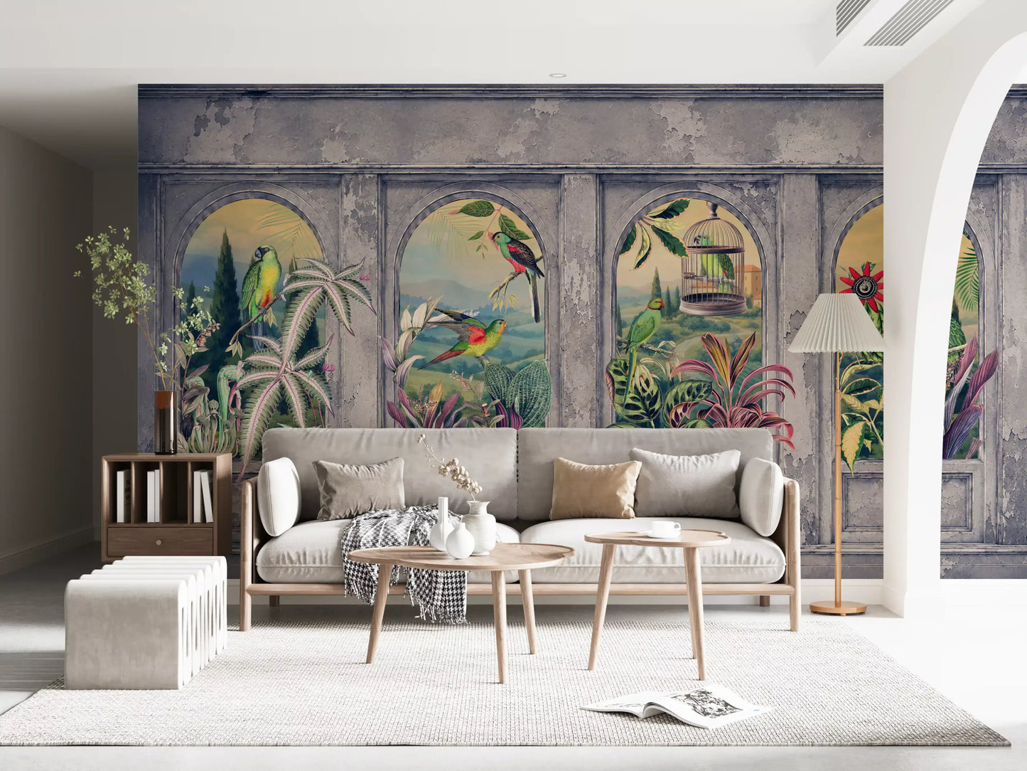 Vintage Archways and Tropical Birds Scenic Wallpaper 1 Wall Mural
