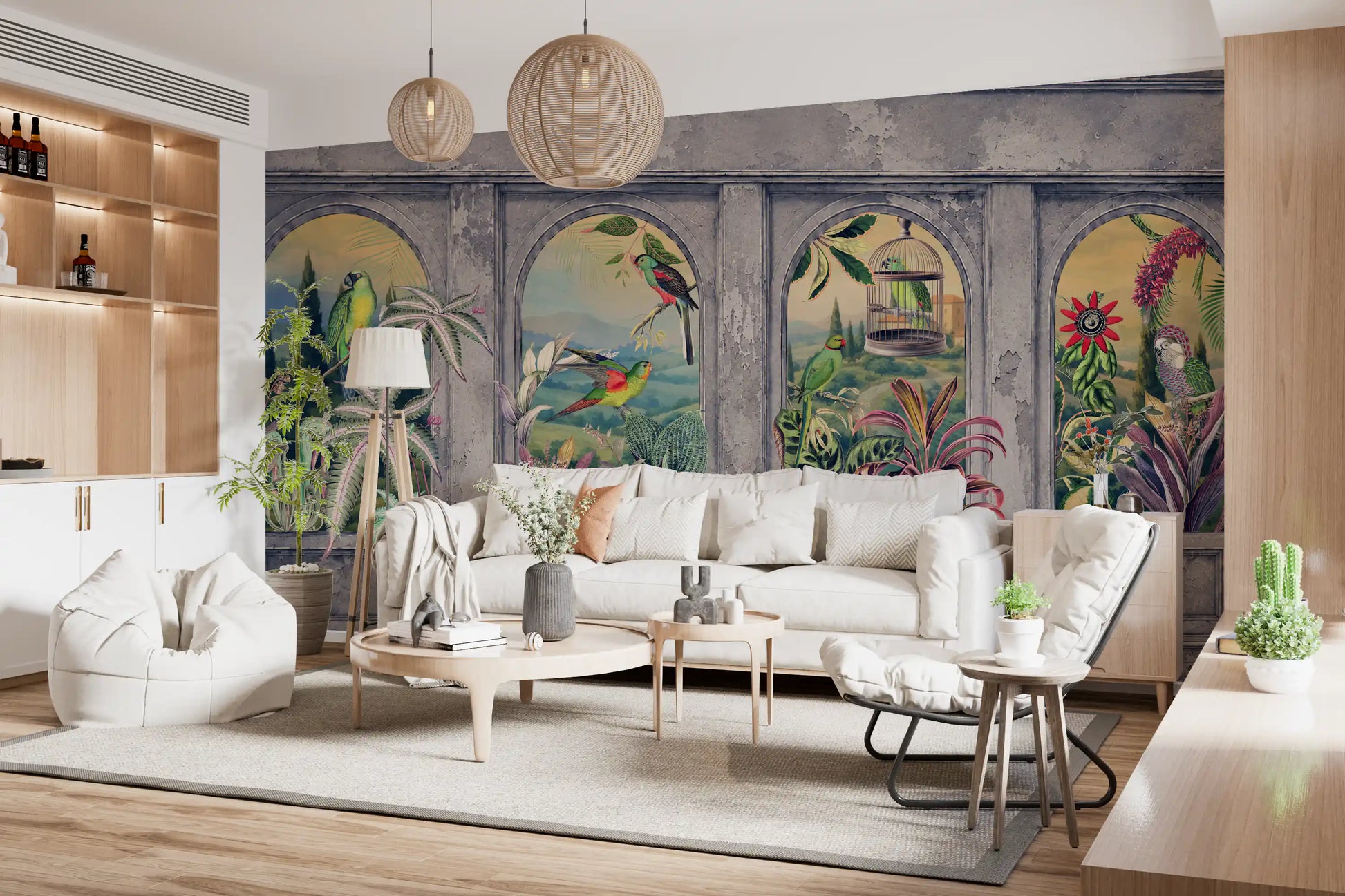 Vintage Archways and Tropical Birds Scenic Wallpaper 1 Wall Mural