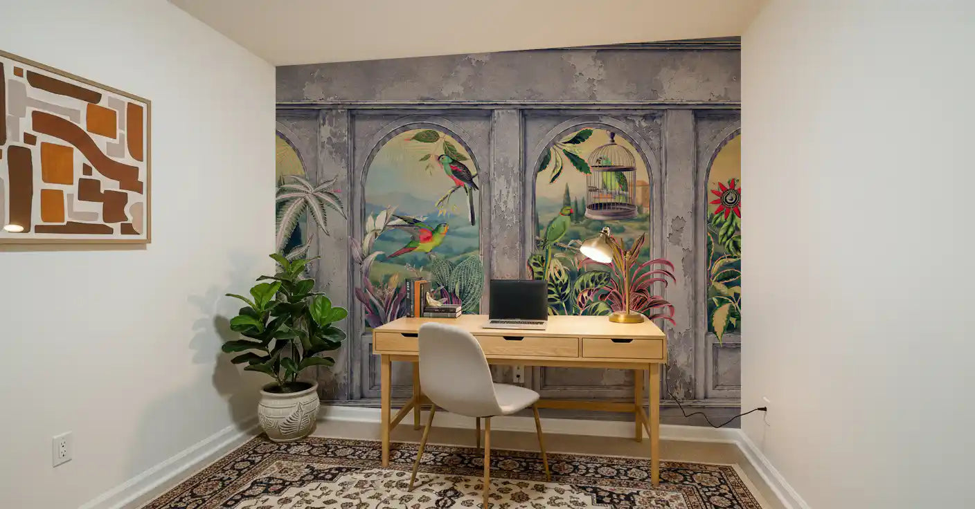 Dark charcoal archway wall mural with tropical birds and botanical foliage GD10794