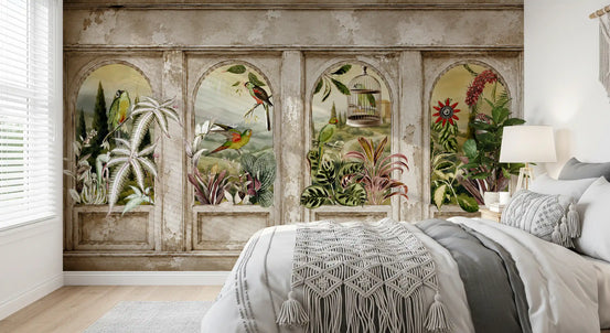 Sepia-toned vintage parrot arches wall mural with tropical birds and plants in bedroom GD10795