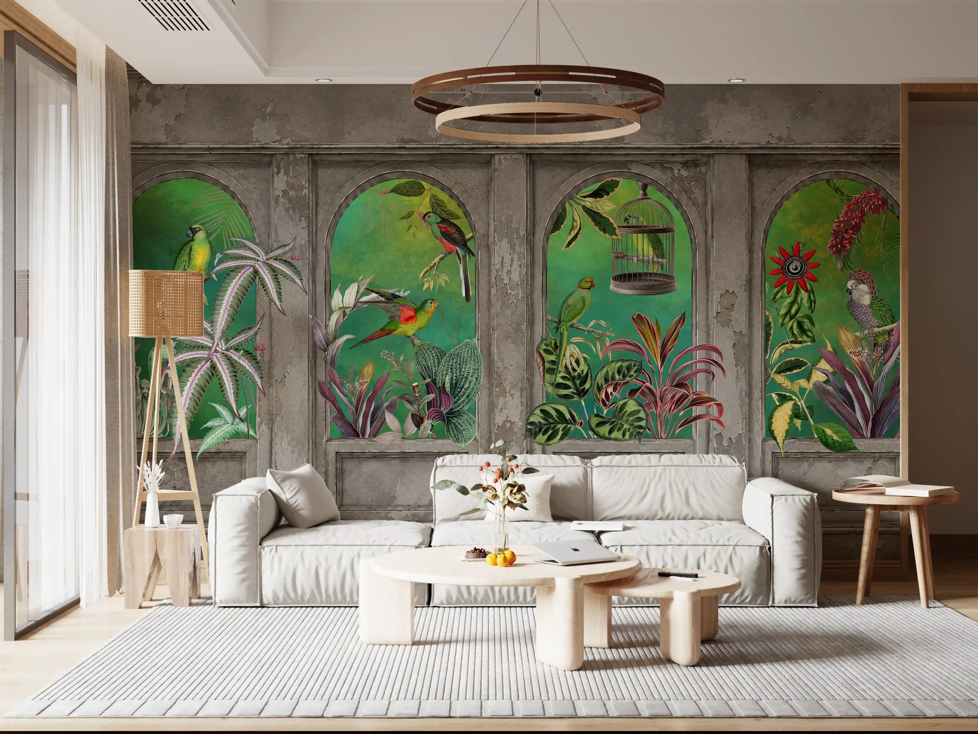 Vintage tropical arches wall mural with parrots and lush green foliage in living room GD10796 