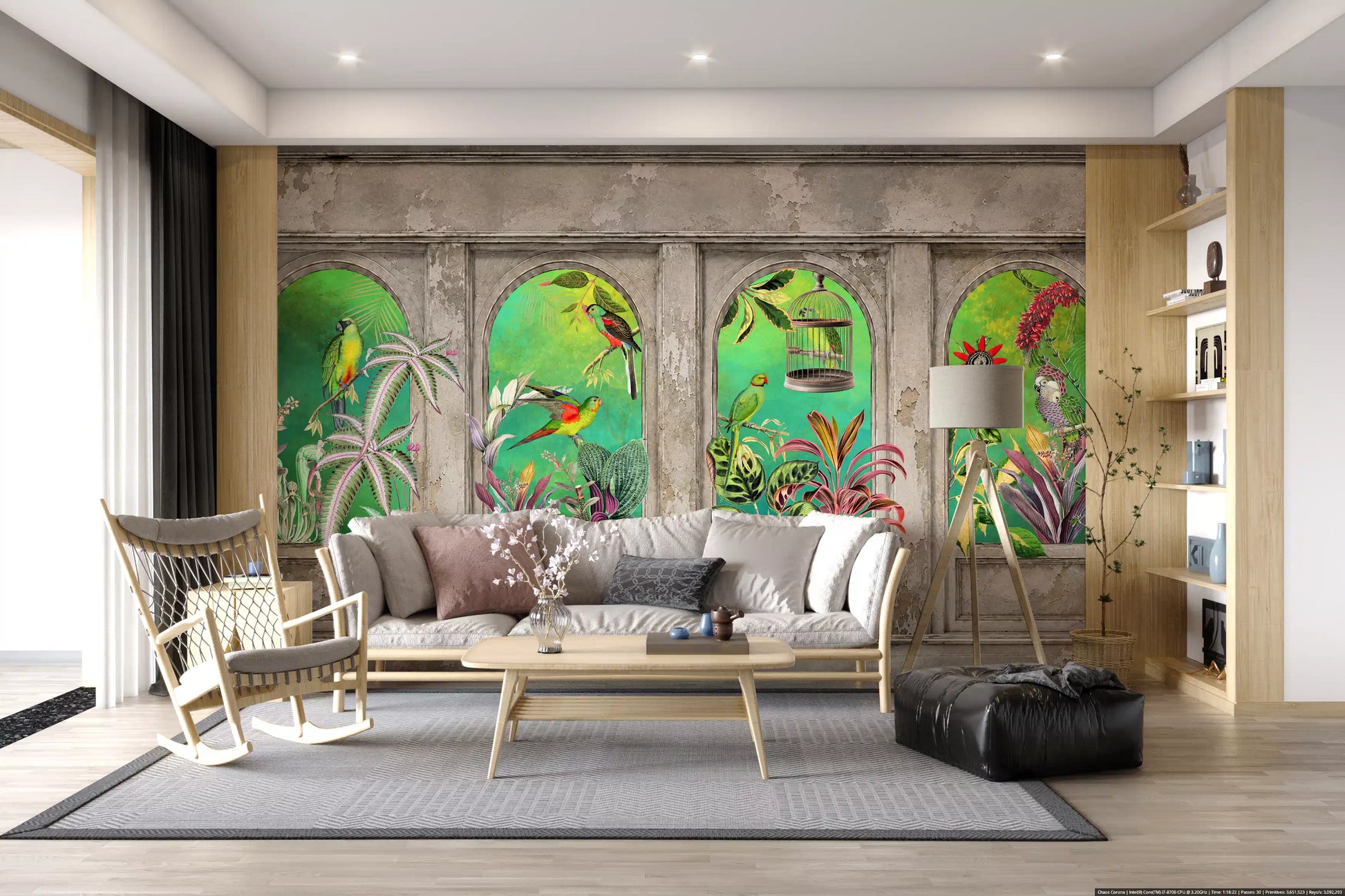 Vintage Archways Tropical Birds Wall Mural Wall Mural