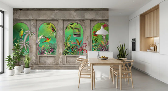 Vintage archways tropical birds wall mural with parrots and green foliage in dining room GD10797