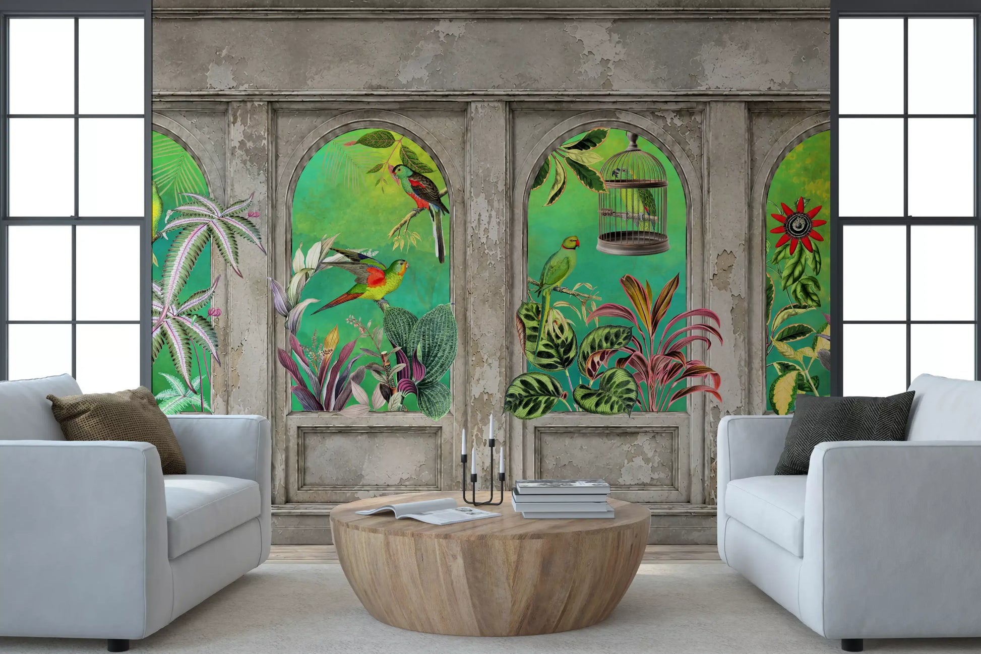 Vintage Archways Tropical Birds Wall Mural Wall Mural