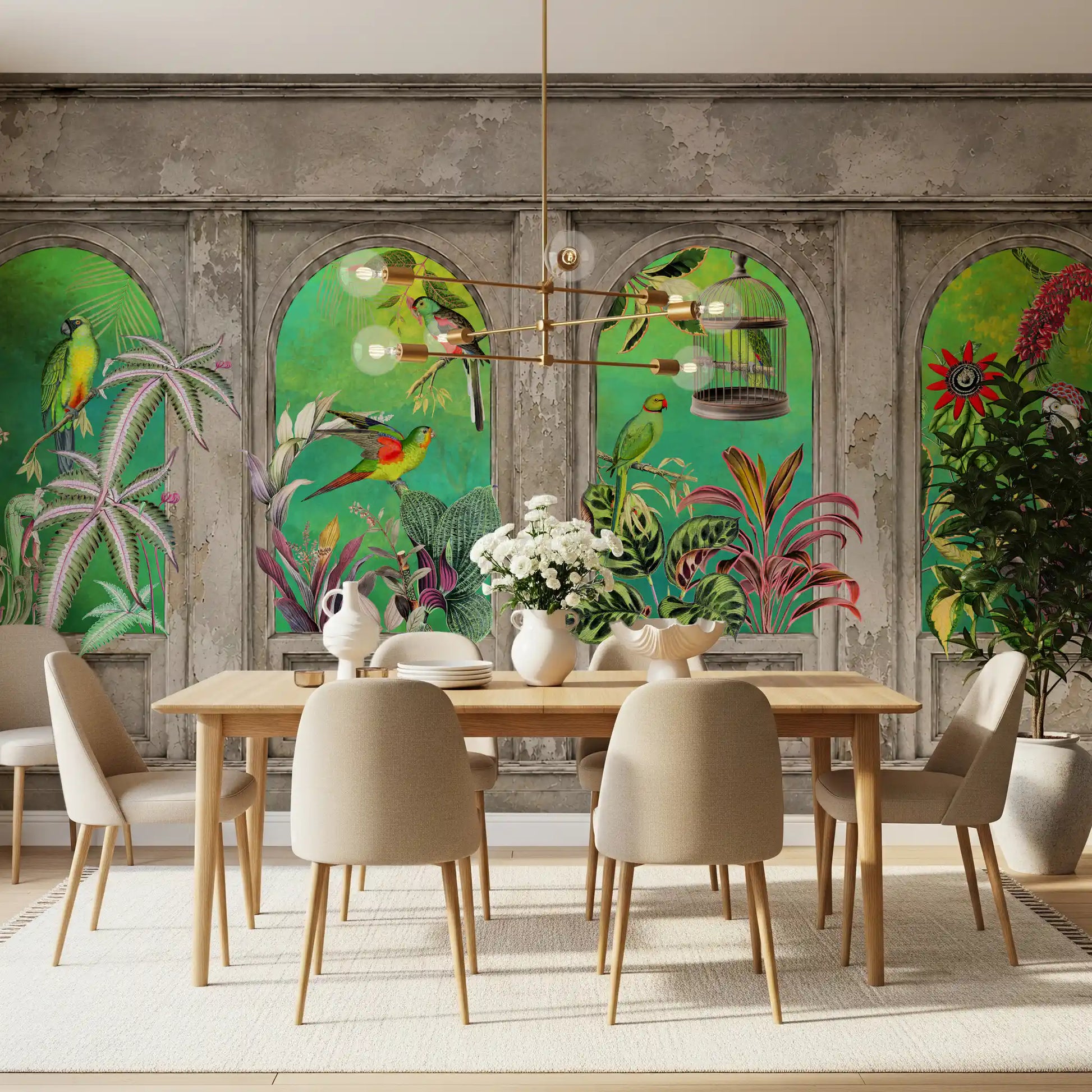 Vintage Archways Tropical Birds Wall Mural Wall Mural
