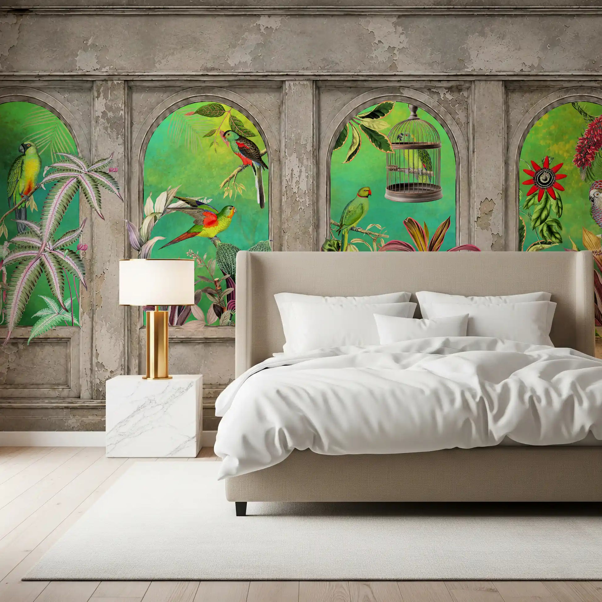 Vintage Archways Tropical Birds Wall Mural Wall Mural