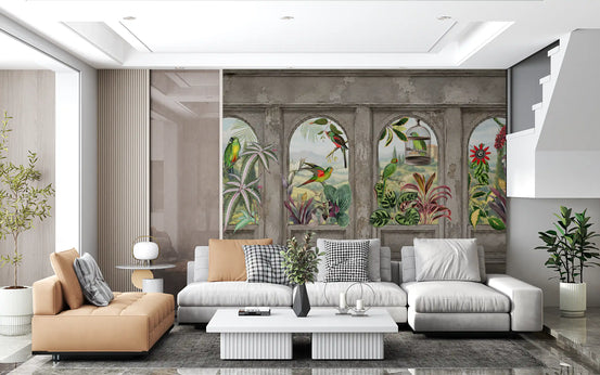 Antique aviary arched wall mural with colourful parrots and tropical plants in living room GD10798 