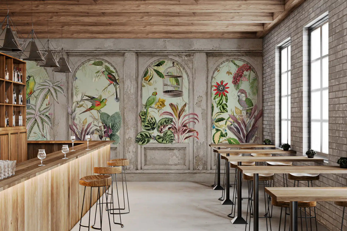 Exotic aviary archway wall mural with parrots and tropical plants on mint green GD10799