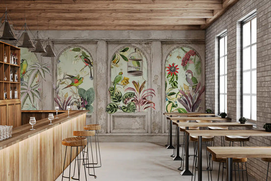 Exotic aviary archway wall mural with parrots and tropical plants on mint green GD10799