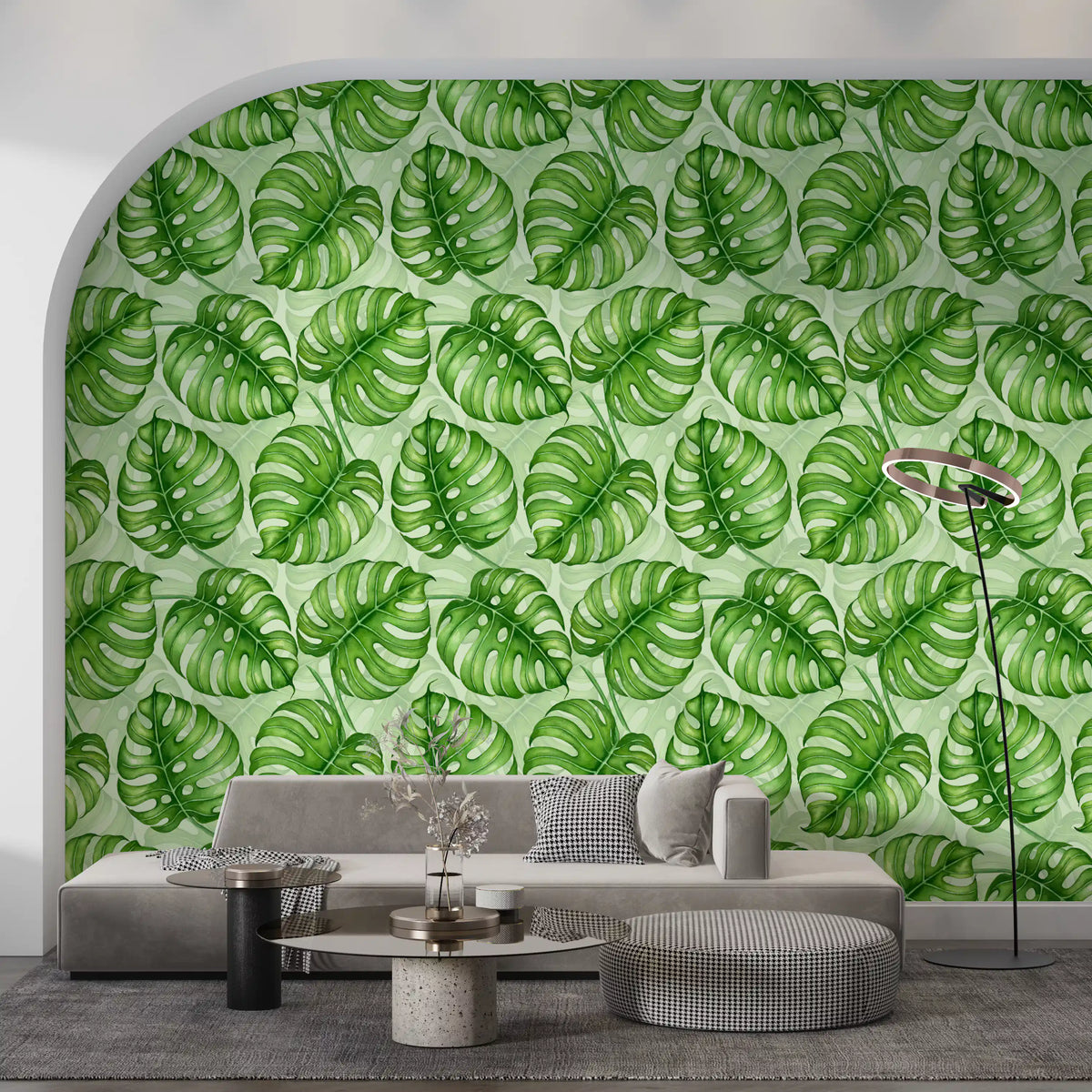 Monstera watercolour in green wallpaper with large tropical leaves on mint ground GD10800
