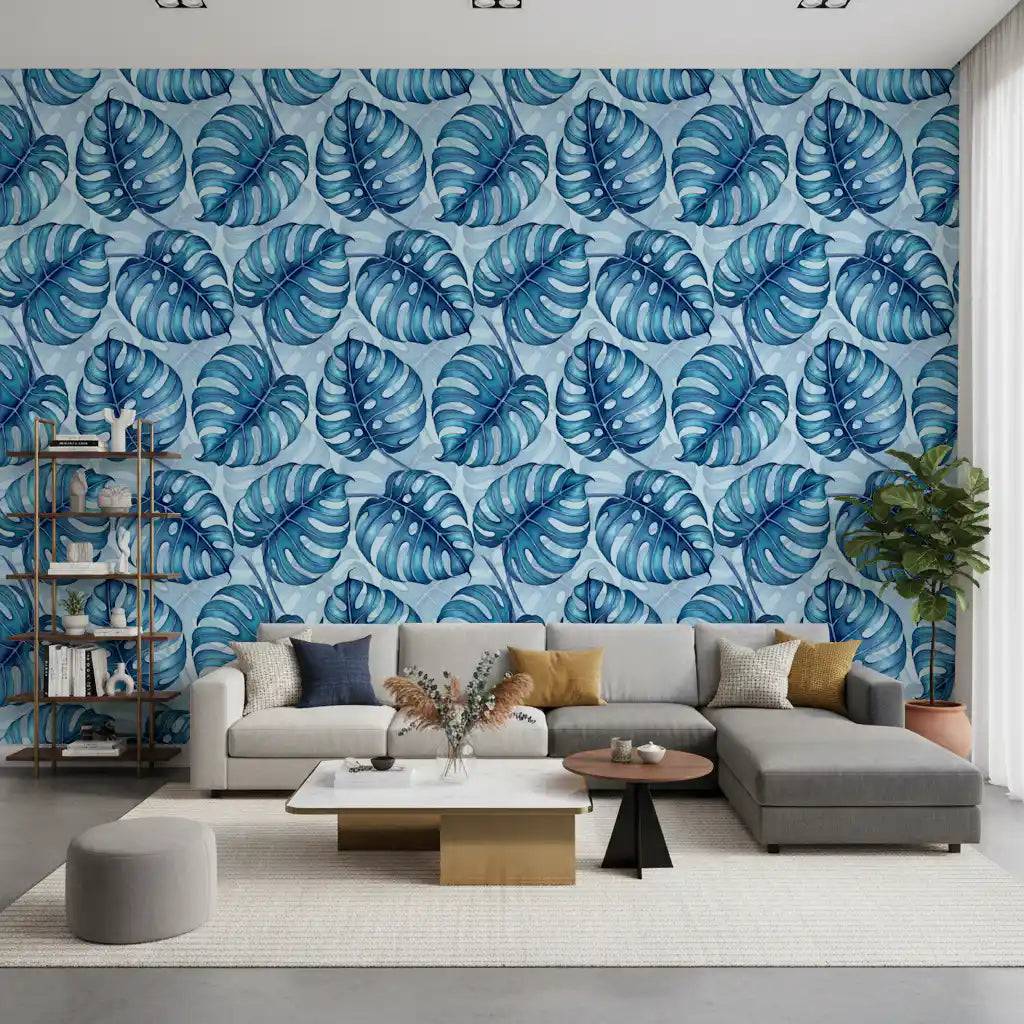Monstera watercolor in blue Wallpaper⁠
