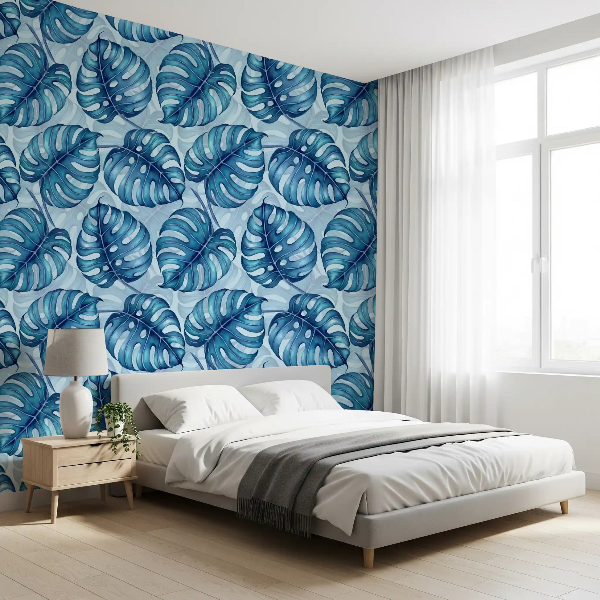 Monstera watercolor in blue Wallpaper⁠